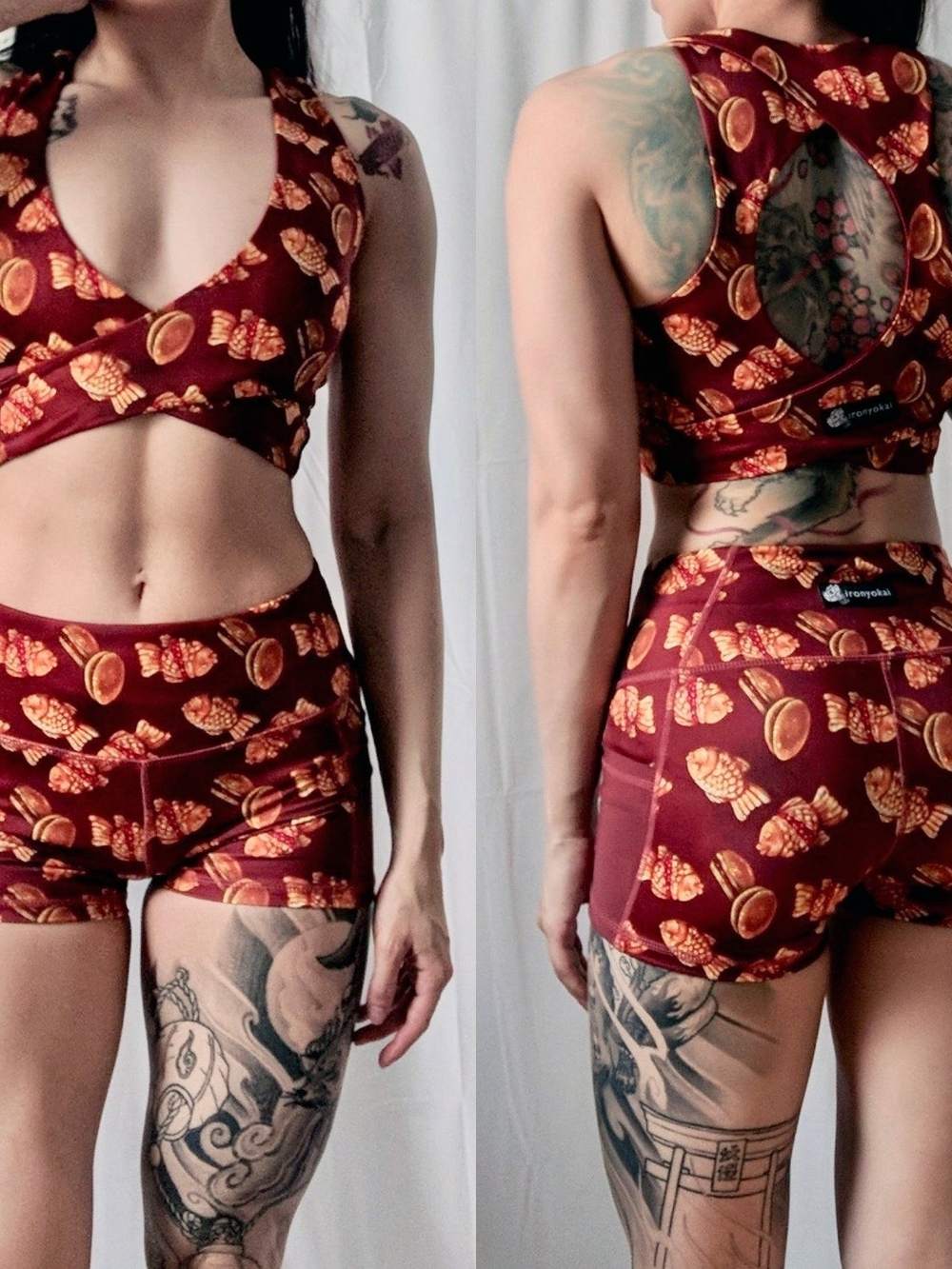 Iron Yokai Taiyaki High-Waist Mesh Pocket Shorts And Eri Kimono Bra Set